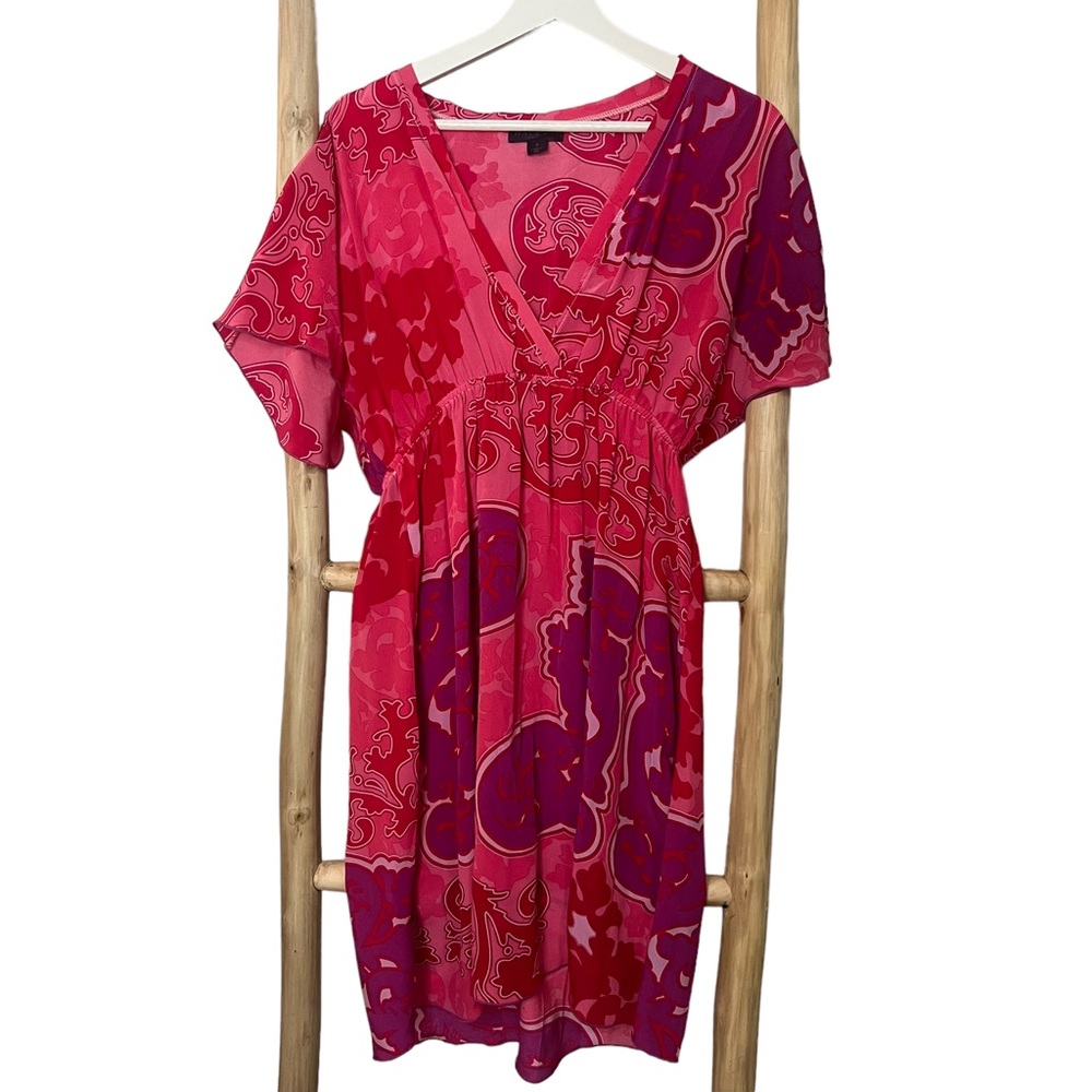 Hale Bob silk pink  short sleeve low cut pattern dress M